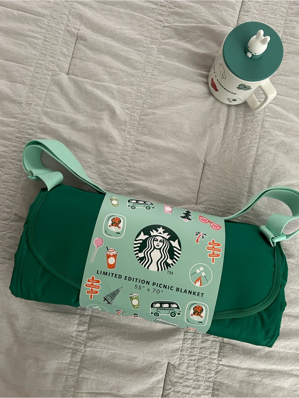 Starbucks Green Picnic Blanket with Mint Strap 55”X 70”